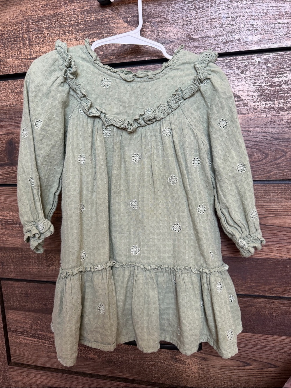 Toddler Girls Long Sleeve Sage Green Eyelet Cotton Dress